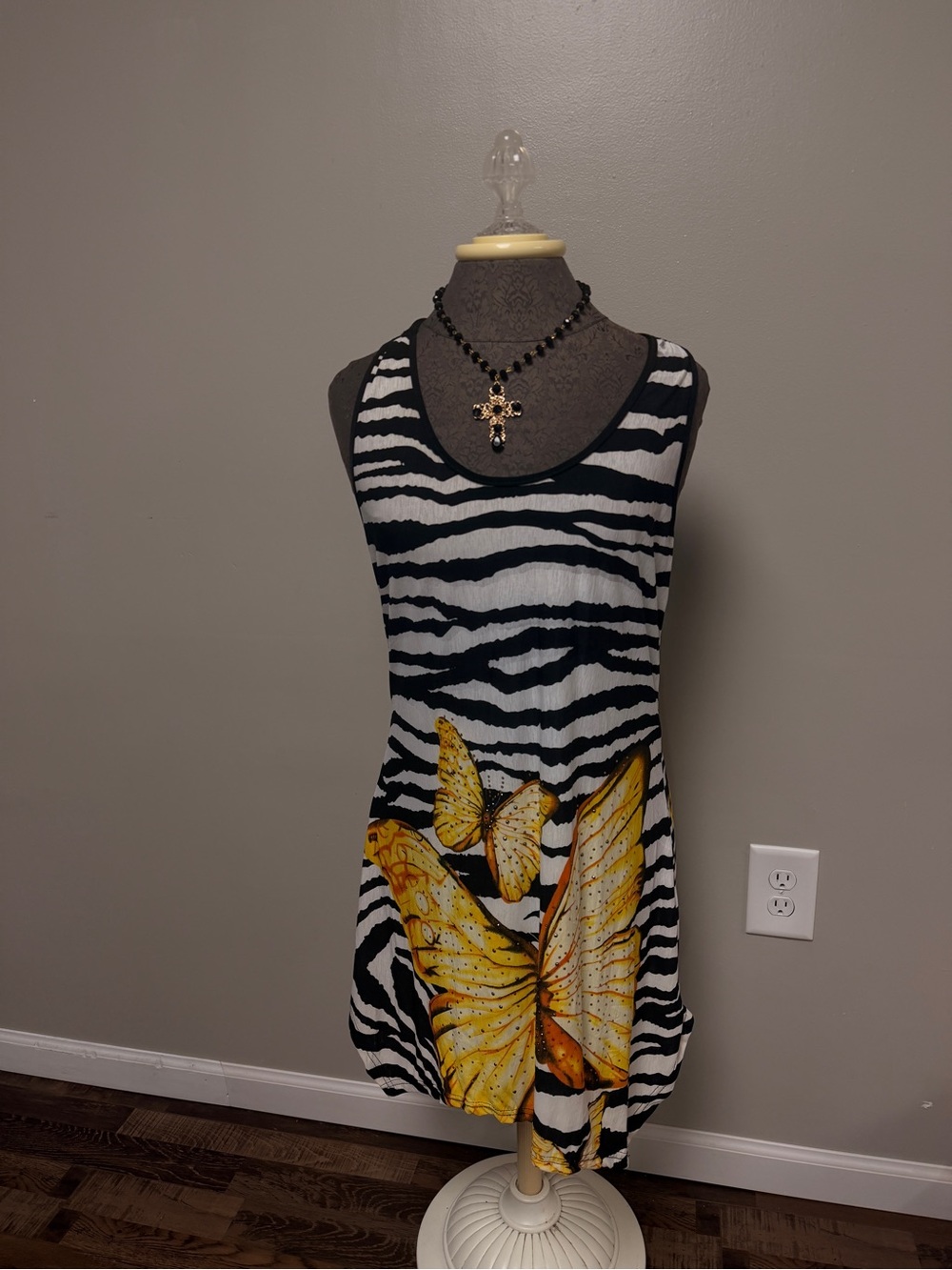 Y2k Sleeveless Zebra-Stripe Dress with Yellow Butterfly Print